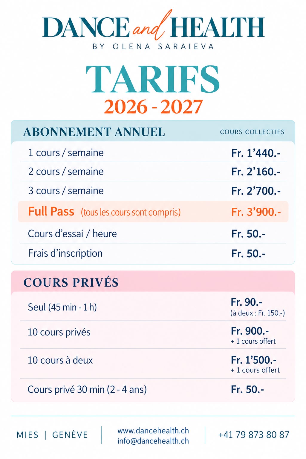 Tarifs 2026-2027 – Dance & Health